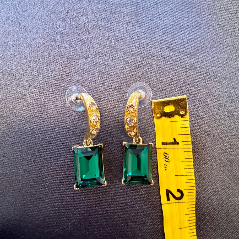 Oscar de la Renta Gold and Green Emerald Cut Crystal Earrings
